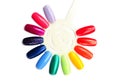 Rainbow nail polish samples close up, colorful nail polish in ra