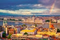 Rainbow near Parlament and riverside of Danube river in Budapest, Hungary Royalty Free Stock Photo