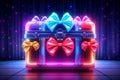 Rainbow neon gift box with bows on the background of bokeh effect. Generative AI