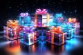 Rainbow neon gift boxes with bow. Generative AI