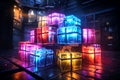Rainbow neon gift boxes. Generative AI