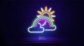 Rainbow neon sign, bright sign, light banner. Rainbow with clouds and sun on a stand.Logo colors, logos. Vector