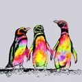 rainbow neon watercolor penguins illustration