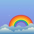 Rainbow in the night sky with clouds and stars cartoon vector illustration.Nature colorful rainbow