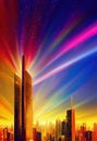 Rainbow nights. A dynamic cityscape painting under the full moon. AI-generated