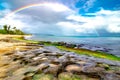 Rainbow ove beach at Laniakea on north shore of Oahu