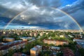Rainbow Over the City, Rain Bow Sky Town Landscape, Urban Cityscape after Rain, Rainbow Royalty Free Stock Photo