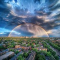 Rainbow Over the City, Rain Bow Sky Town Landscape, Urban Cityscape after Rain, Rainbow Royalty Free Stock Photo