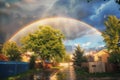 Rainbow Over the City, Rain Bow Sky Town Landscape, Urban Cityscape after Rain, Rainbow Royalty Free Stock Photo