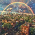 Rainbow Over the City, Rain Bow Sky Town Landscape, Urban Cityscape after Rain, Rainbow Royalty Free Stock Photo