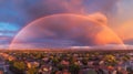 Rainbow over the city, urban landscape after rain, rainbow arc in the sky. Royalty Free Stock Photo