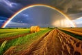 rainbow over farmland a vivid rainbow forms after a rain shower Royalty Free Stock Photo