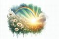 A rainbow is over a field daisies and the sun is shining brightly Royalty Free Stock Photo