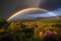 Rainbow over the grassland with purple heather, Scotland, UK Royalty Free Stock Photo