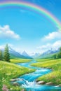 Rainbow Over Natures Palette A River Through Fields of Color and Beauty Royalty Free Stock Photo