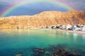 Rainbow over picturesque village of Quantab on coast of Gulf of Oman Royalty Free Stock Photo