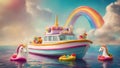 rainbow over the river A fantasy motor boat with colorful navigation, floating on a rainbow sea under a sunny sky