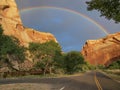 Rainbow over the road in a canyon in Wyoming