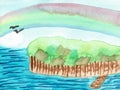 Rainbow Over the Sea, Hand Drawn Water Color Drawing Royalty Free Stock Photo