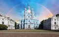 Rainbow over Smolny cathedral in Saint Petersburg, Russia Royalty Free Stock Photo
