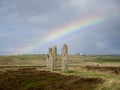 A rainbow over standing stones in the Ring of Brodgar in Orkney, Scotland, UK Royalty Free Stock Photo