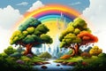 Rainbow over trees, river and high rocks in cartoon style. Fairytale landscape