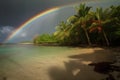 Rainbow over a tropical island with palm trees and a sandy beach Royalty Free Stock Photo