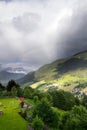 Rainbow over valley with Schattberg Mountain, Saalbach-Hinterglemm, Austria Royalty Free Stock Photo