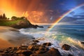 Rainbow over the Waikiki Beach, Honolulu, Oahu, Hawaii, A dreamy oceanside with a rainbow on the horizon after a storm, AI Royalty Free Stock Photo