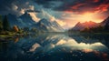 A rainbow over water with mountains and clouds. Generative AI. Royalty Free Stock Photo