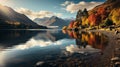 A rainbow over water with mountains and clouds. Generative AI. Royalty Free Stock Photo