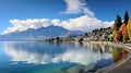 A rainbow over water with mountains and clouds. Generative AI. Royalty Free Stock Photo