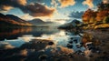 A rainbow over water with mountains and clouds. Generative AI. Royalty Free Stock Photo