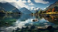 A rainbow over water with mountains and clouds. Generative AI. Royalty Free Stock Photo