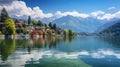 A rainbow over water with mountains and clouds. Generative AI. Royalty Free Stock Photo