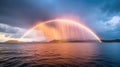 a rainbow over water with mountains and clouds Royalty Free Stock Photo