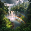 A rainbow over a waterfall surrounded by lush vegetation Royalty Free Stock Photo