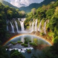 A rainbow over a waterfall surrounded by lush vegetation Royalty Free Stock Photo