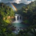 A rainbow over a waterfall surrounded by lush vegetation Royalty Free Stock Photo