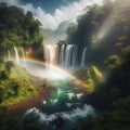 A rainbow over a waterfall surrounded by lush vegetation Royalty Free Stock Photo