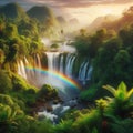 A rainbow over a waterfall surrounded by lush vegetation Royalty Free Stock Photo