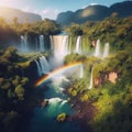 A rainbow over a waterfall surrounded by lush vegetation Royalty Free Stock Photo