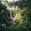 A rainbow over a waterfall surrounded by lush vegetation Royalty Free Stock Photo