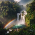 A rainbow over a waterfall surrounded by lush vegetation Royalty Free Stock Photo