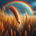 Rainbow over wheat field. 3d illustration. Nature background.