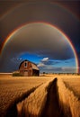 A rainbow over a wheat field, a small farmhouse in the distance. AI generated