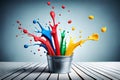 Rainbow Paint Bucket. Colorful Color splash. ai generated Royalty Free Stock Photo