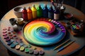 a rainbow paint mixing station, with a variety of paints and tools for creating unique swirls of color. Royalty Free Stock Photo