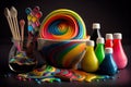 a rainbow paint mixing station, with a variety of paints and tools for creating unique swirls of color. Royalty Free Stock Photo