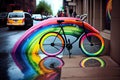 a rainbow-painted bicycle in a city street, with cars and pedestrians passing by in the background.